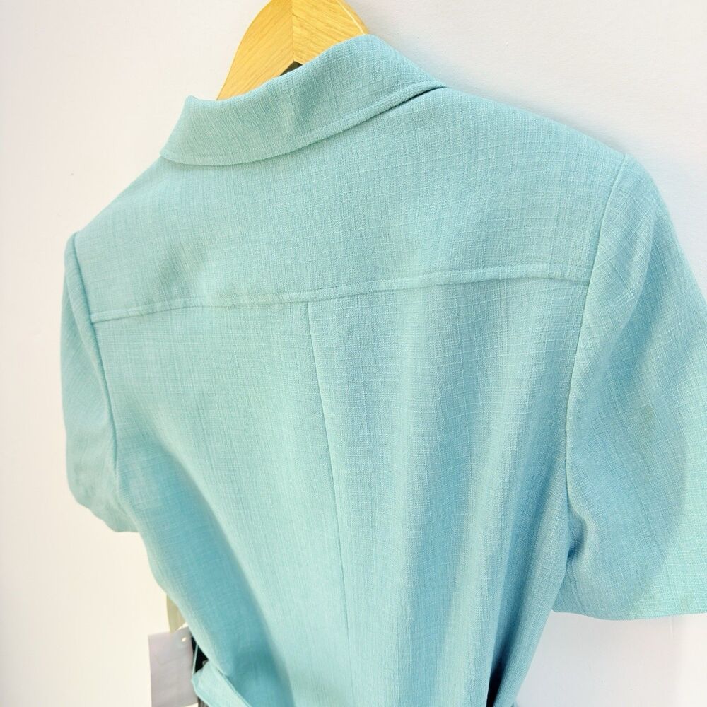 Henry Lee Dress Vintage Size 8P Aqua Blue Short Sleeve Midi Sheath Belted - Picture 10 of 13